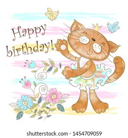 Birthday card with a cute cat ballerina. Vector. Watercolor