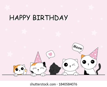 Birthday card with cute cats or kittens looking curiously. Funny face head silhouette.  Design ready for print.