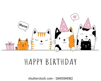 Birthday card with cute cats or kittens looking curiously. Funny face head silhouette.  Design ready for print.