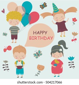 Birthday card with cute children, flowers, butterflies and balloons in cartoon style