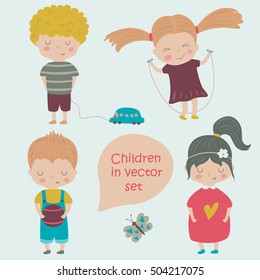 Birthday card with cute children, flowers, butterflies and balloons in cartoon style