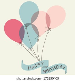 Birthday card with cute colorful balloons and ribbon.