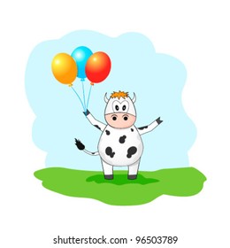 Birthday card with cute cow with balloons