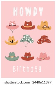 Tarjeta de cumpleaños con lindos sombreros de vaquero con diferentes adornos, cactus, herradura, estrellas. Gran regalo para los verdaderos vaqueros y las niñas. Ilustración dibujada a mano