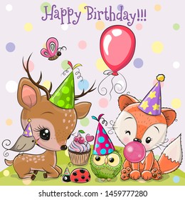 Birthday card with Cute Deer and Fox owls with balloon and bonnets