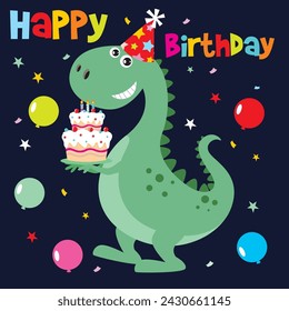 Birthday Card with Cute Dinosaur and ballons