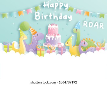 Birthday card with cute dinosaur and gift boxes, Birthday cake. Paper cut vector illustration.