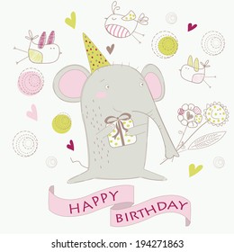 Birthday card with cute elephant, birds and flowers in cartoon style