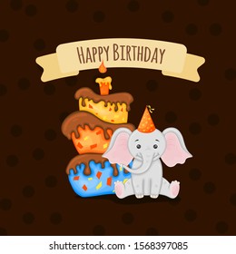 Birthday card with cute elephant. Cartoon style. Vector illustration
