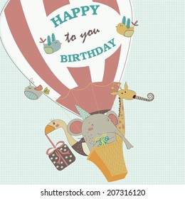 Birthday card with cute elephant, ostrich and giraffe flying in balloon in cartoon style