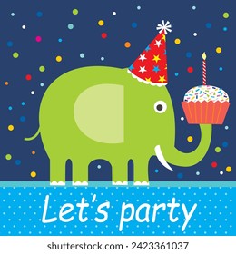 birthday card with cute elephant  party hat and cake