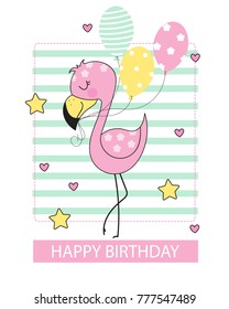 Birthday card with cute famingo with balloons on striped background. Vector illustration.
