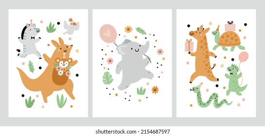 Tarjeta de cumpleaños con lindos animales festivos, caja de regalos, globos, flores. Imprimir con animales de celebración. Ilustración de la felicitación por las vacaciones. Tarjetas hito infantil. Conjunto de ilustraciones para niños