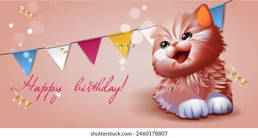 Birthday card with a cute fluffy kitten. Vector illustration