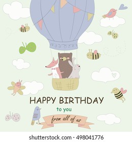 Birthday card with cute forest animals on air balloon, clouds, bees and butterflies in cartoon style