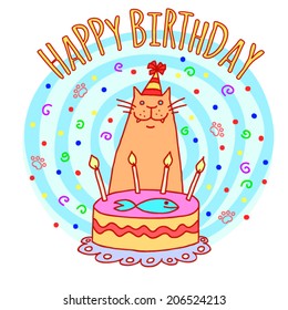 Birthday card with a cute funny cat and big cake. Vector illustration.