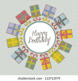 birthday card with cute gifts over blue background. vector illustration