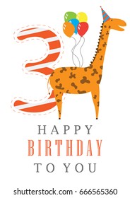  Birthday card. Cute giraffe with balloons, birthday card for the child 3 year vector illustration