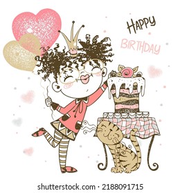 Birthday card with cute girl with cake and balloons. Vector.
