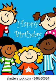 Birthday card with cute kid cartoon characters looking at you 