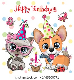 Birthday card with Cute Kitten and Puppy owls with balloon and bonnets