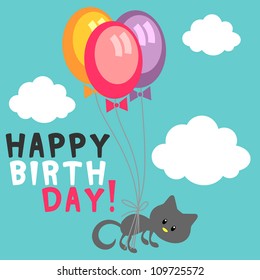 Birthday card cute kitty with balloons in the sky