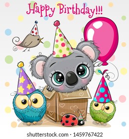 Birthday card with Cute Koala in the box and owls with balloon and bonnets