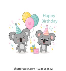 Birthday card with cute koalas  with balloons and gifts.Cartoon koala. Vector illustration