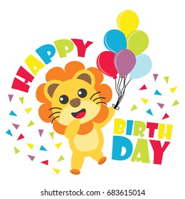 Birthday card with cute lion brings balloons vector cartoon illustration for kid birthday invitation, wallpaper and postcard design