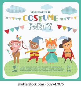 Birthday Card With Cute Little Animals. Card Invitation For Costume Party