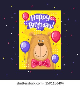 Birthday card. Cute little bear with balloons.