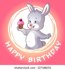 Birthday card with cute little hare and cake in his hand. Cartoon character. Vector template card for birthday on a pink background.