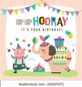 Birthday card with cute little pig and elephant