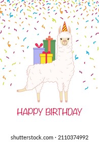 Birthday card with cute llama in a festive hat and with gifts on his back. Vector illustration