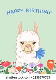 Birthday card with a cute llama and flowers. Vector illustration