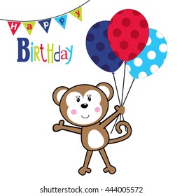 birthday card with cute monkey bring balloon design 