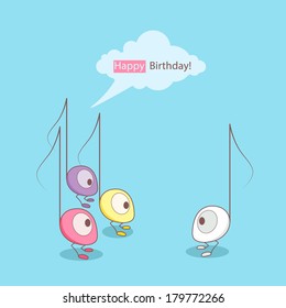 Birthday card. Cute monster music notes greeting with birthday.