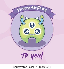 birthday card with cute monster and ribbon