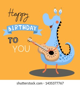 Birthday card with cute monster. Vector illustration. Design for poster or print decoration. Cartoon monster with guitar.