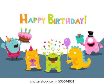  Birthday Card With Cute Monsters Characters