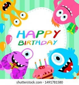 Birthday card with cute monsters, greeting card, vector