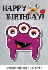 Birthday card with cute monsters, vector