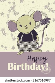 birthday card with cute mouse with flower, vector holiday illustration