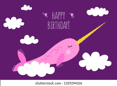 Birthday card with the cute narwhal