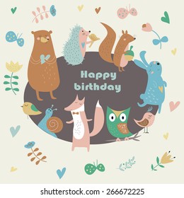 Birthday card with cute owl, bear, fox, hedgehog, birds, squirrel, rabbit, snail, butterflies and flowers in cartoon style