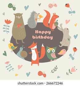 Birthday card with cute owl, bear, fox, hedgehog, birds, squirrel, rabbit, snail, butterflies and flowers in cartoon style