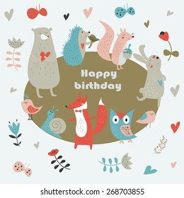 Birthday card with cute owl, bear, fox, hedgehog, birds, squirrel, rabbit, snail, butterflies and flowers in cartoon style