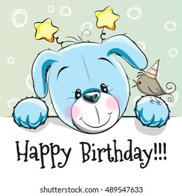 Birthday card with Cute puppy and bird