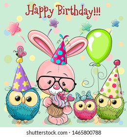 Birthday card with Cute Rabbit and owls with balloon and bonnets