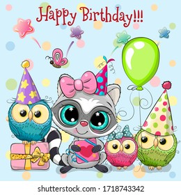 Birthday card with Cute Raccoon and owls with balloon and bonnets